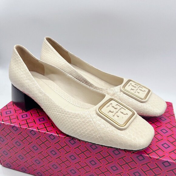 Tory Burch Georgia Pump 35MM Block Heels Shoes Snakeskin Cream Leather US 10.5 - Picture 1 of 13